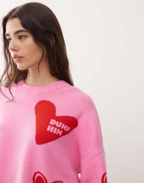 Noisy May red heart knit jumper with dump him in pink - view 1