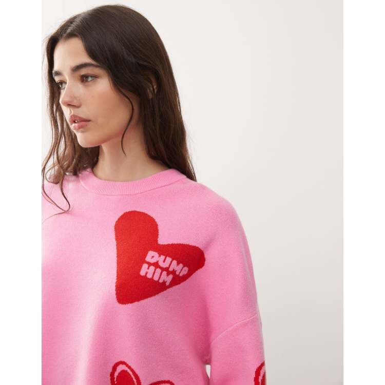 Noisy May red heart knit jumper with dump him in pink | ASOS
