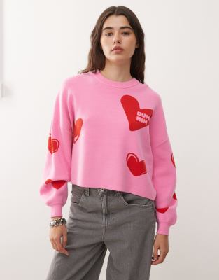 Noisy May red heart knit jumper with dump him in pink | ASOS