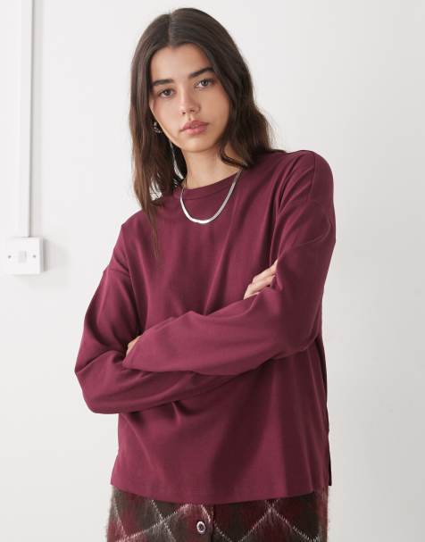 Noisy May regular fit long sleeve t-shirt in burgundy - view 1
