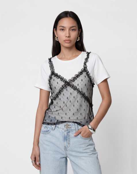 Noisy May regular fit t-shirt with lace vest overlay in white