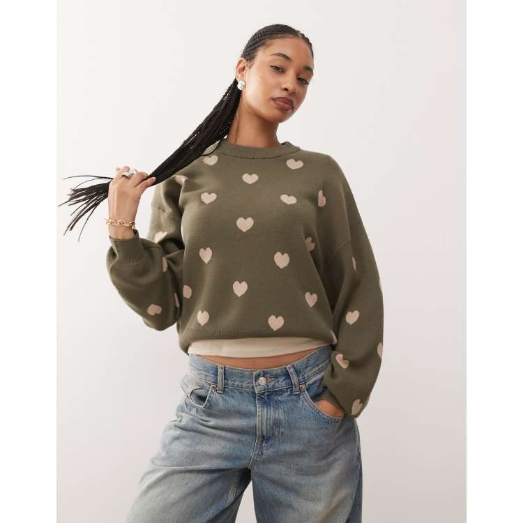 Noisy May relaxed knit sweater in khaki-green heart print | ASOS