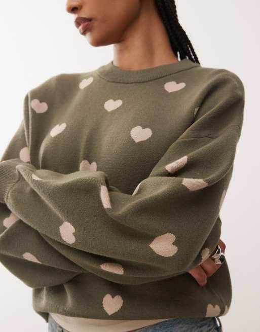 Noisy May relaxed knit sweater in khaki-green heart print | ASOS