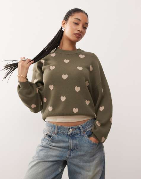 Noisy May relaxed knitted jumper in khaki heart print - view 1