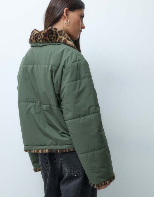 Noisy May reversible jacket with oversized collar in khaki and leopard print, 4 of 4