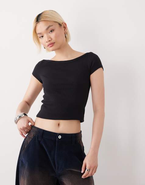 Noisy May ribbed boat neck t-shirt in black - view 1