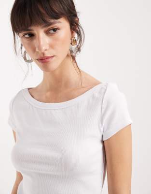 Noisy May Ribbed Boat Neck T-shirt In White
