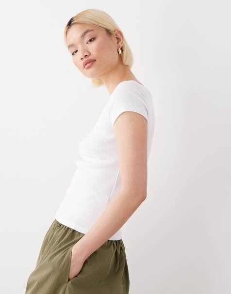 Noisy May ribbed boat neck t-shirt in white