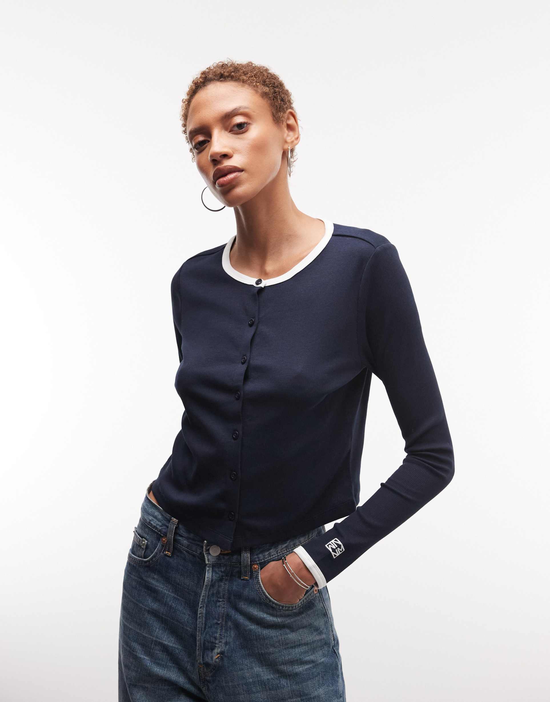 noisy may ribbed cardigan with contrast seams in navy
