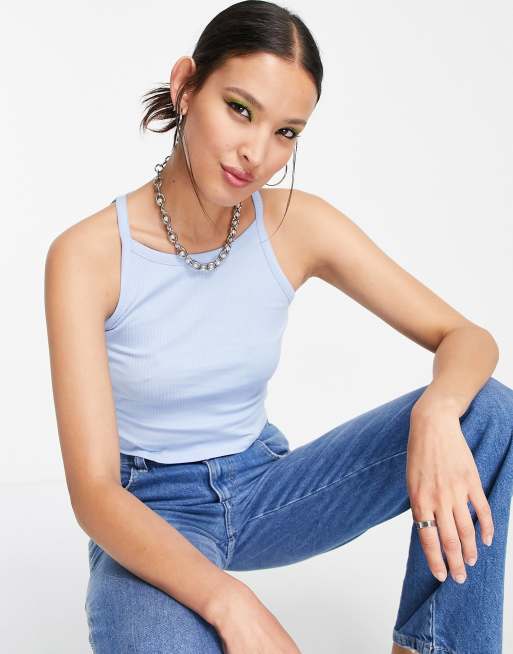 Noisy May ribbed high neck vest top in blue