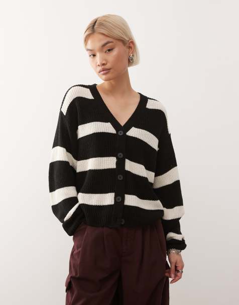 Noisy May ribbed knit cardigan in black & cream stripe - view 1