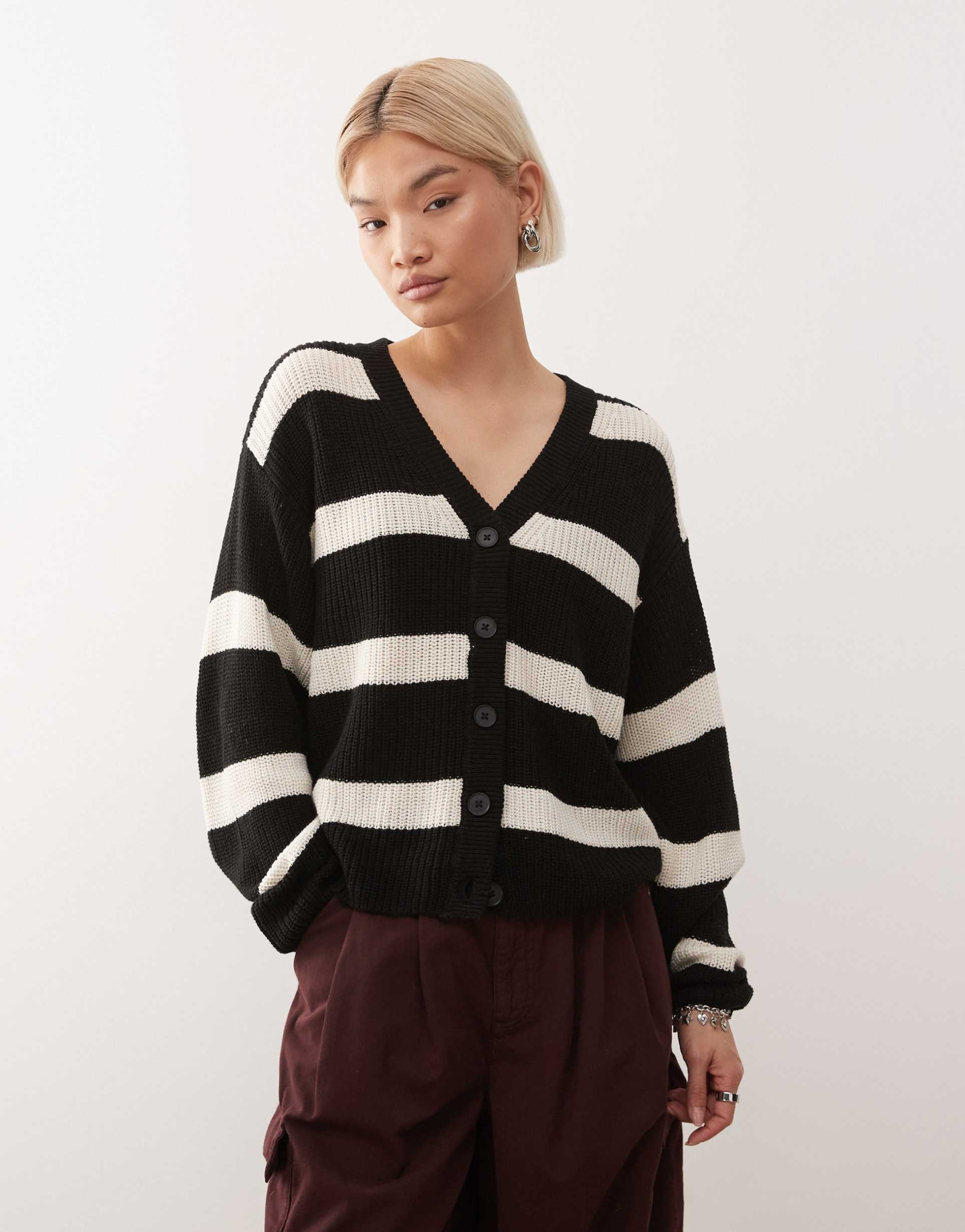 noisy may ribbed knit cardigan in black & cream stripe