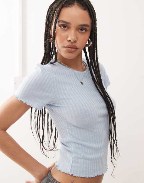 Noisy May ribbed lettuce edge baby tee in light blue - view 1