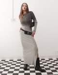 [Noisy May] Noisy May ribbed long sleeve lettuce edge maxi dress with side split in grey fade L GREY