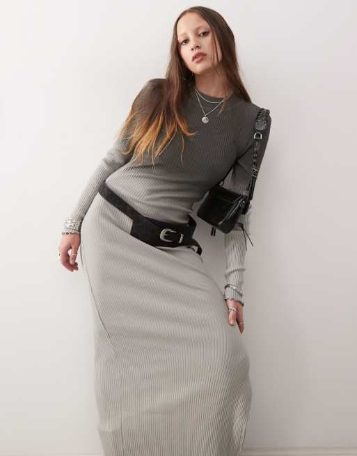 Noisy May ribbed long sleeve lettuce edge maxi dress with side split in grey fade, 3 of 4