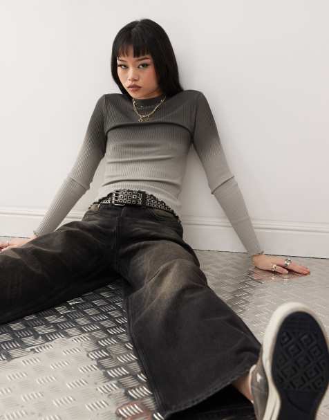 Noisy May ribbed long sleeve lettuce edge top in grey fade - view 1