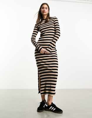 Noisy May Ribbed Maxi Dress In Black & Beige Stripe-multi