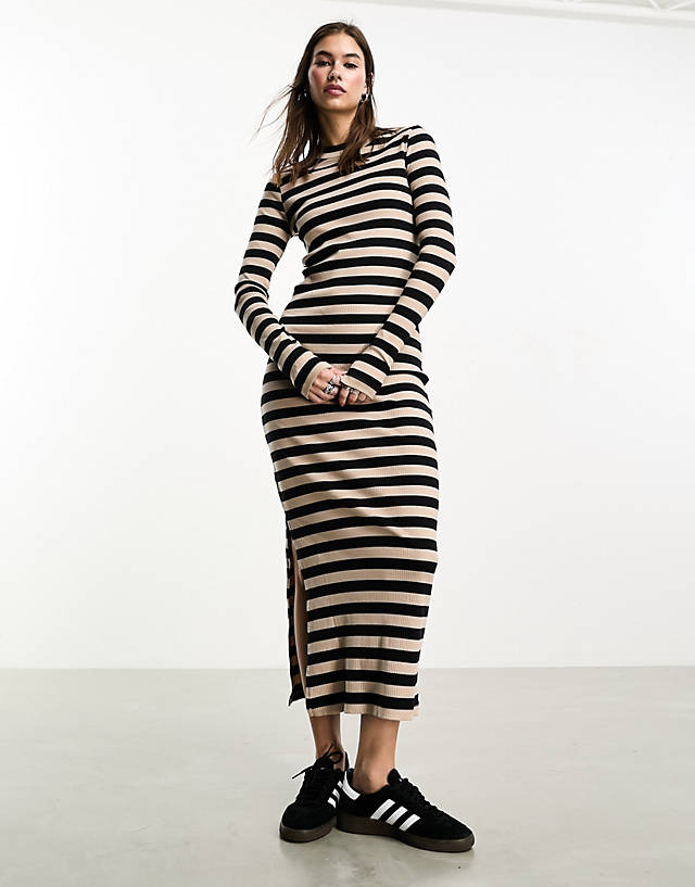 Noisy May - ribbed maxi dress in black & beige stripe