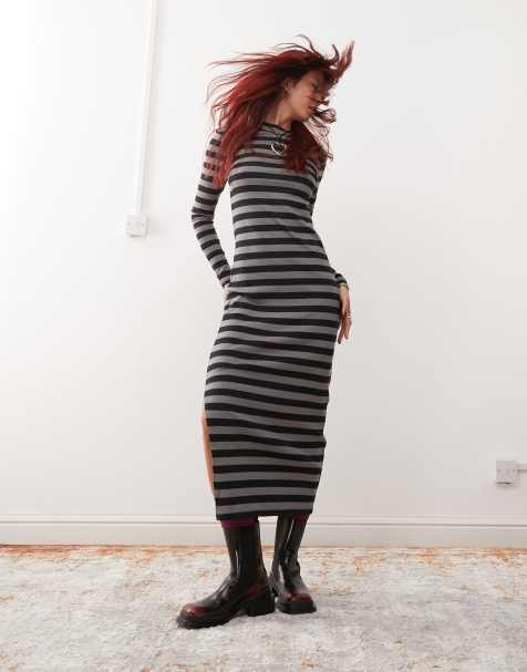 Noisy May ribbed midaxi dress in black & grey stripe - view 1