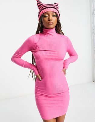 Noisy May ribbed roll neck dress in baby pink - ASOS Price Checker