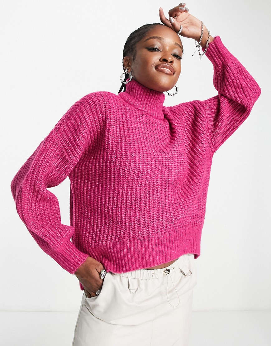 Noisy May ribbed roll neck jumper in pink