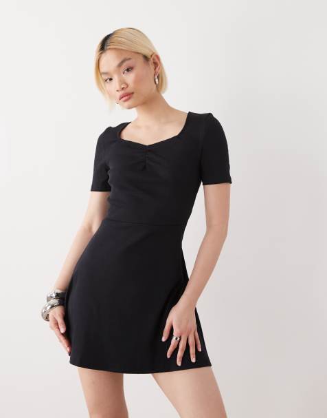 Noisy May ribbed square neck mini skater dress with ruched detailing in black - view 1