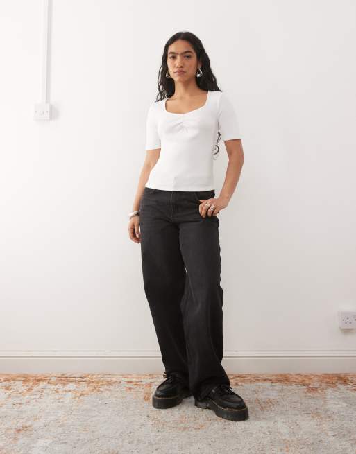 Noisy May ribbed square neck rib t-shirt with ruche detail in white, 2 of 4