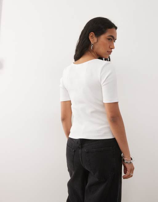 Noisy May ribbed square neck rib t-shirt with ruche detail in white, 3 of 4