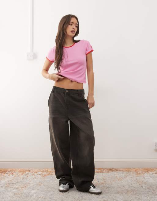 Noisy May ribbed t-shirt with contrast seams in pink, 3 of 4