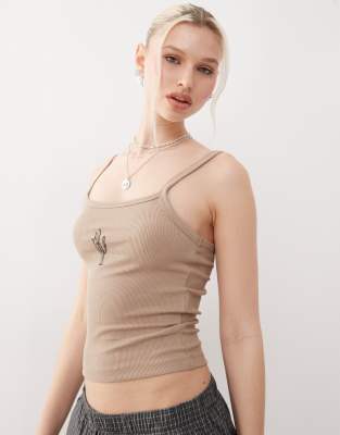 NOISY MAY RIBBED TANK TOP WITH CACTUS EMBROIDERY 