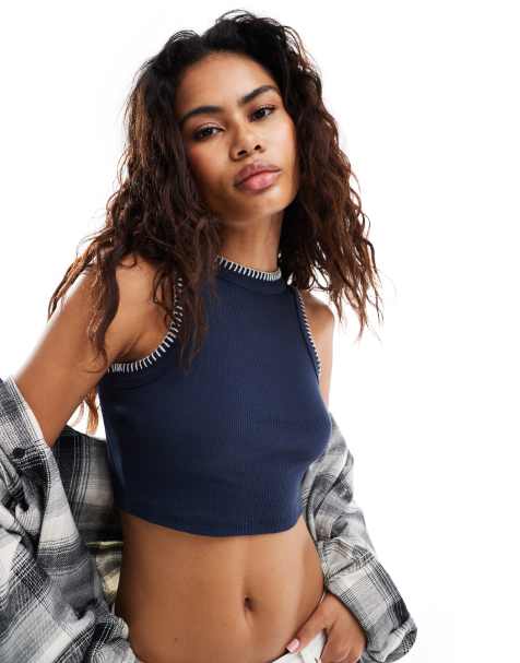 Noisy May ribbed tank top with contrast seam detail in navy - view 1