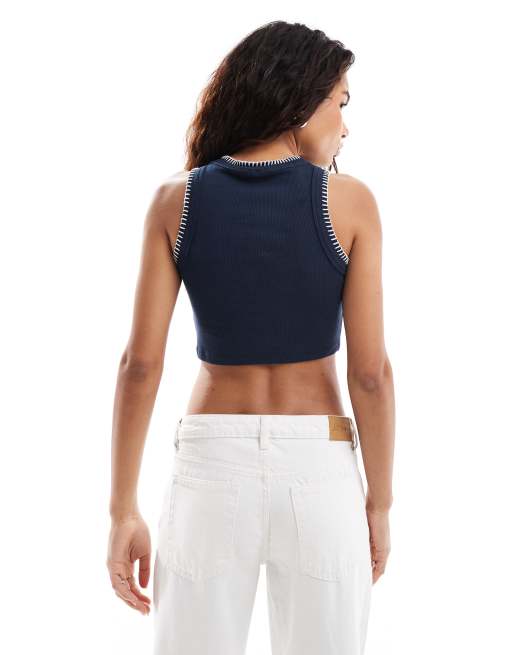 Noisy May ribbed tank top with contrast seam detail in navy, 2 of 4
