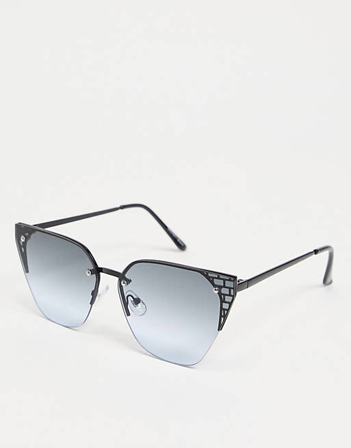 Noisy May rimless cat eye sunglasses with blue tint lenses