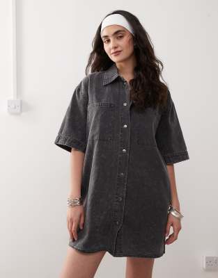 Robe chemise courte en denim - Gris délavé S