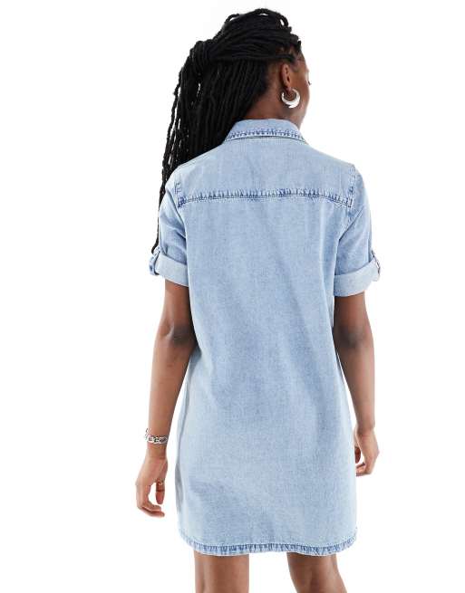 Noisy May - Robe courte en denim avec manches roulées - Bleu clair délavé, 2 de 4