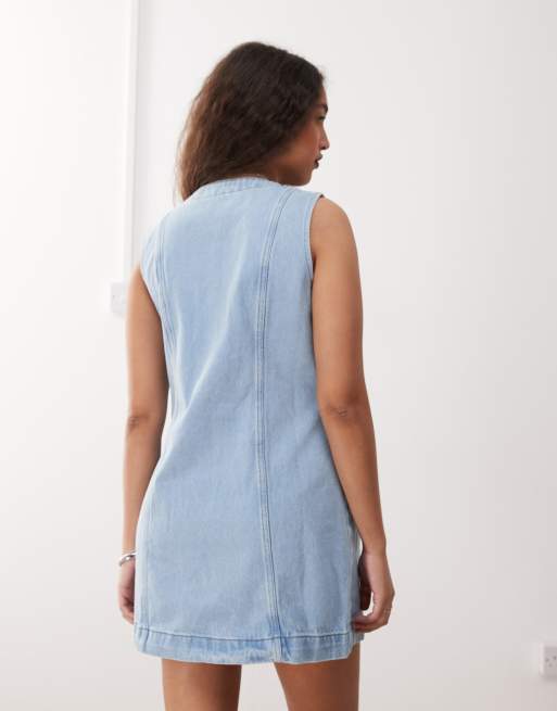 Noisy May - Robe courte en jean style gilet de costume - Bleu clair délavé, 3 de 4