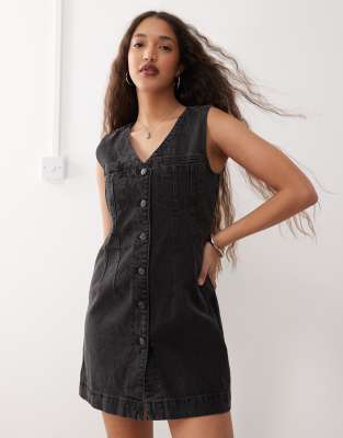 Robe courte en jean style gilet de costume - Noir délavé M