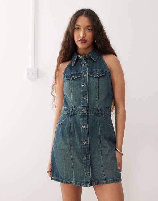 Noisy May - Robe en jean dos nageur avec col - Bleu teinté, 2 de 4