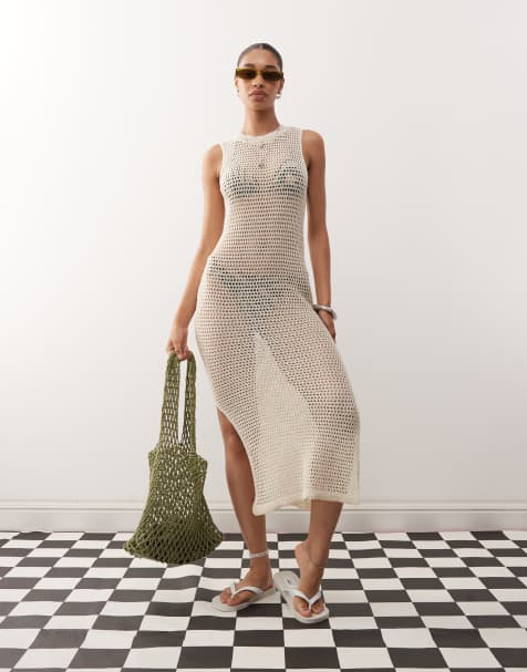 Noisy May - Robe longue et sans manches en maille crochetée - Beige - view 1