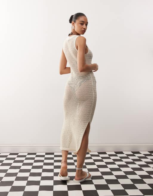 Noisy May - Robe longue et sans manches en maille crochetée - Beige, 3 de 4