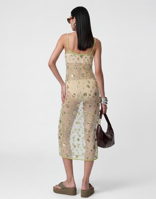 Noisy May - Robe longue transparente à sequins - Citron vert, 2 de 4