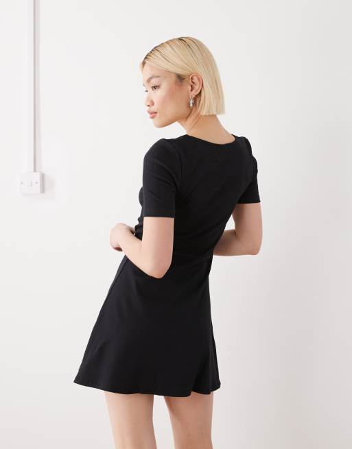 Noisy May - Robe patineuse courte côtelée à encolure carrée et détails froncés - Noir, 3 de 4