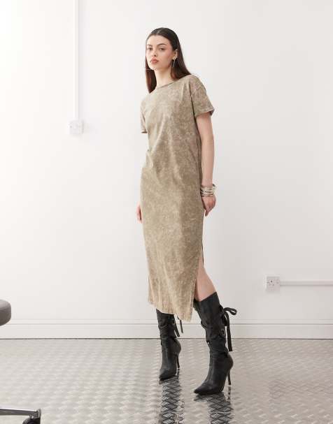 Noisy May - Robe t-shirt fendue longueur mollet - Sauge - view 1