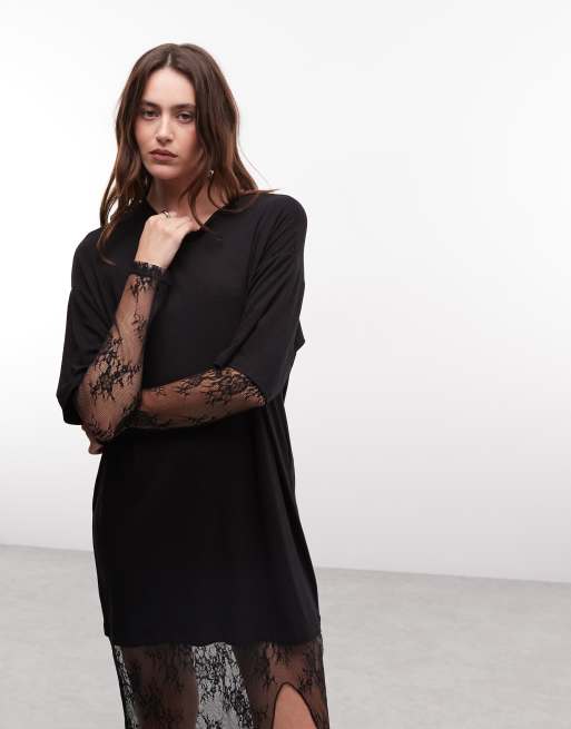 Noisy May - Robe t-shirt longue en dentelle - Noir, 2 de 4
