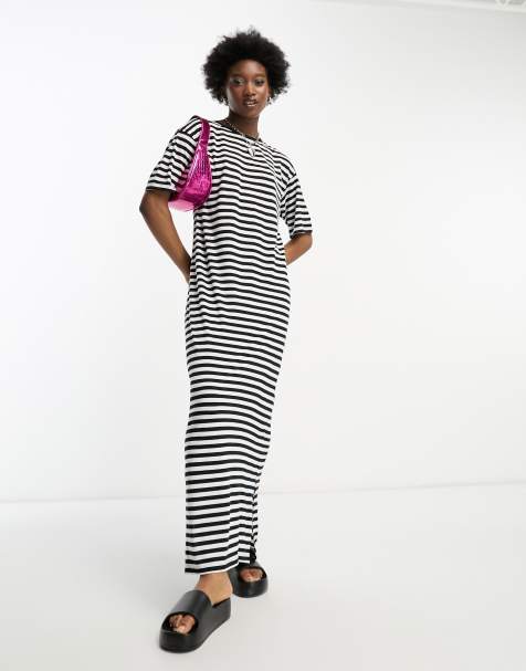 Noisy May - Robe t-shirt longue - Noir à rayures blanches - view 1