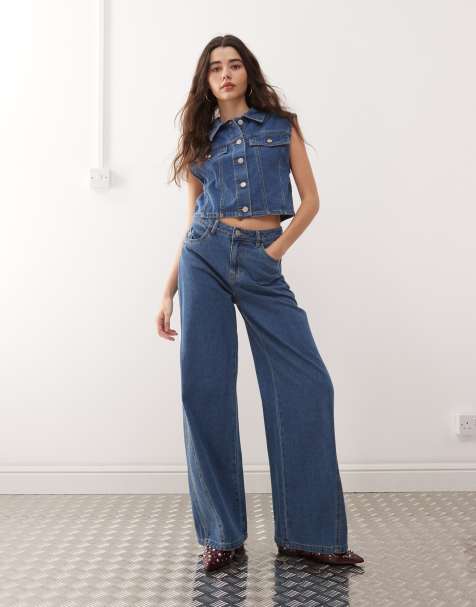 Noisy May Robie high waisted baggy jean co-ord with flare insert in mid blue - view 1