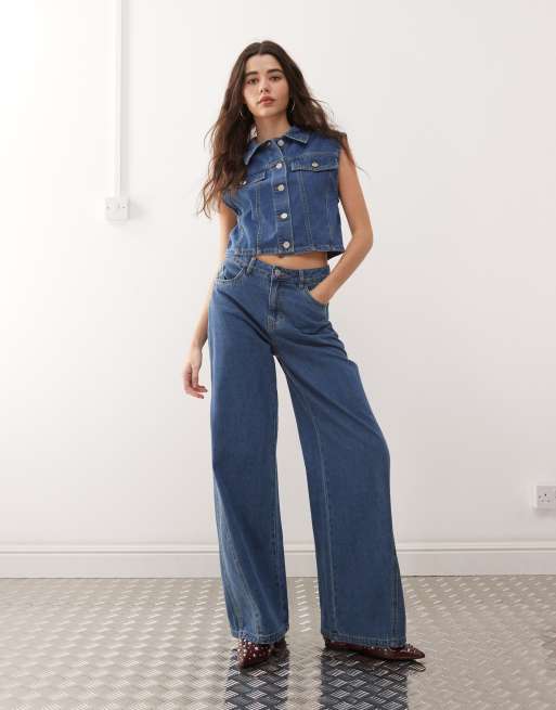Noisy May Robie high waisted baggy jeans with flare insert in mid blue (part of a set)