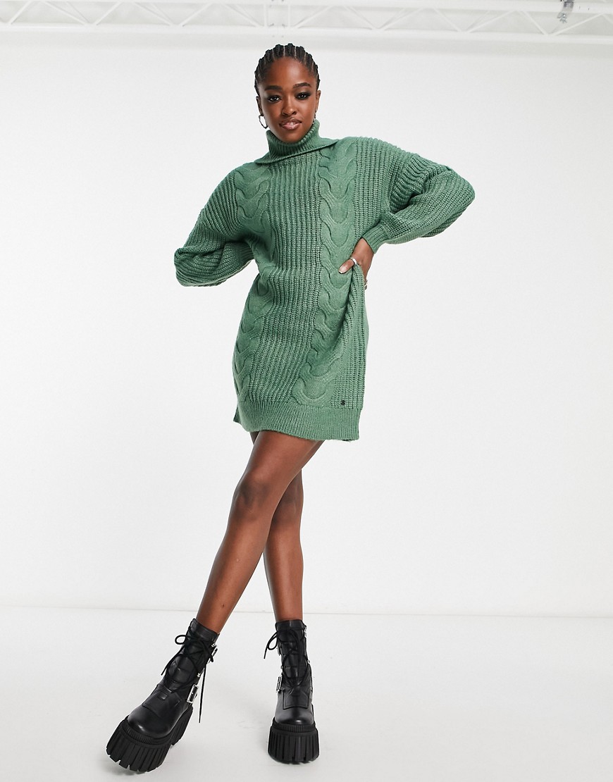Noisy May roll neck cable knit mini jumper dress in green