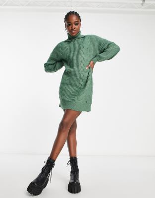 Noisy May Roll Neck Cable Knit Mini Sweater Dress In Green