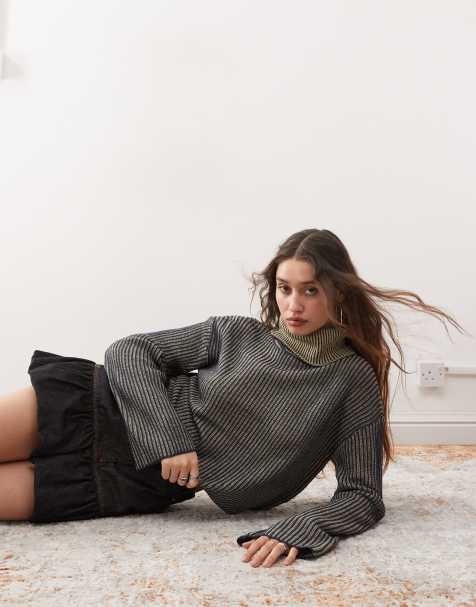 Noisy May roll neck ribbed jumper in washed grey - view 1